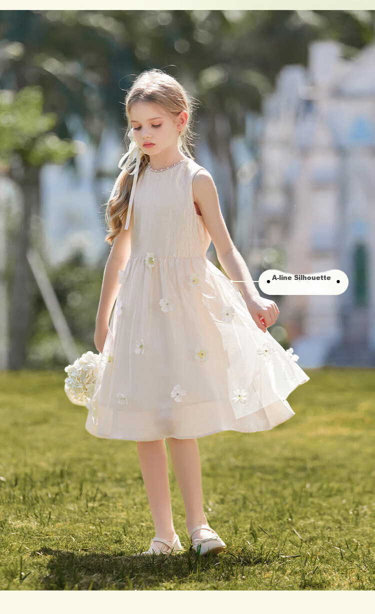 CHANZUIGOU Girls' French High-End Princess Dress 2026 Summer New Stylish Round Neck Floral Satin Dress 8
